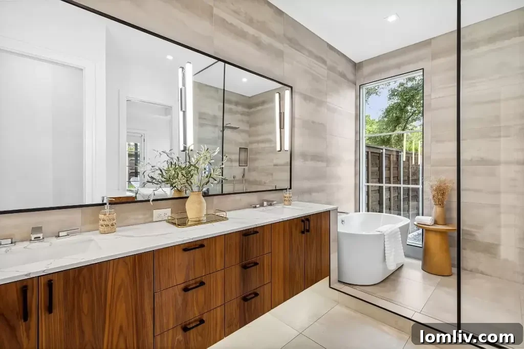 Ridgecrest Village: A Modern Masterpiece 10 A luxurious primary ensuite bathroom with a modern wet room concept, exquisite tilework, and dual vanities.