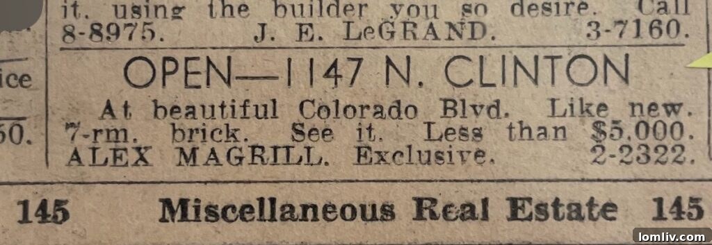 Historic Newspaper Clipping of 1147 N Clinton Listing