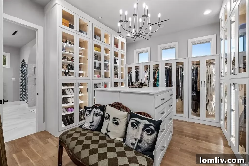 A massive, meticulously organized walk-in closet with custom shelving and ample space, offering a luxurious personal retreat.