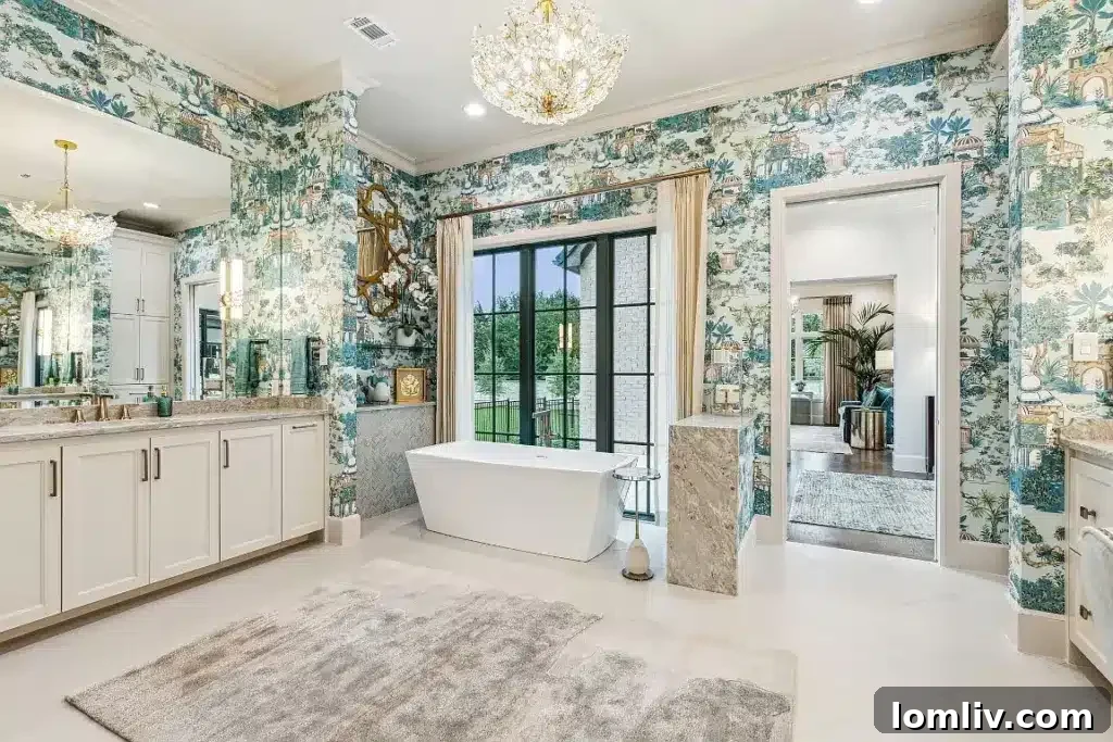 A luxurious bathroom featuring designer wallpaper, a modern vanity, and exquisite fixtures, creating a spa-like retreat.