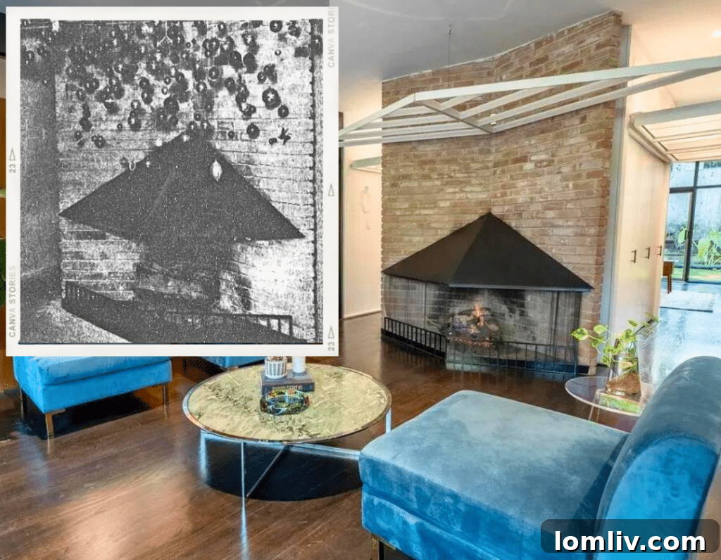 Side-by-side comparison of 1958 Dallas Morning News fireplace decor and modern MLS listing interior