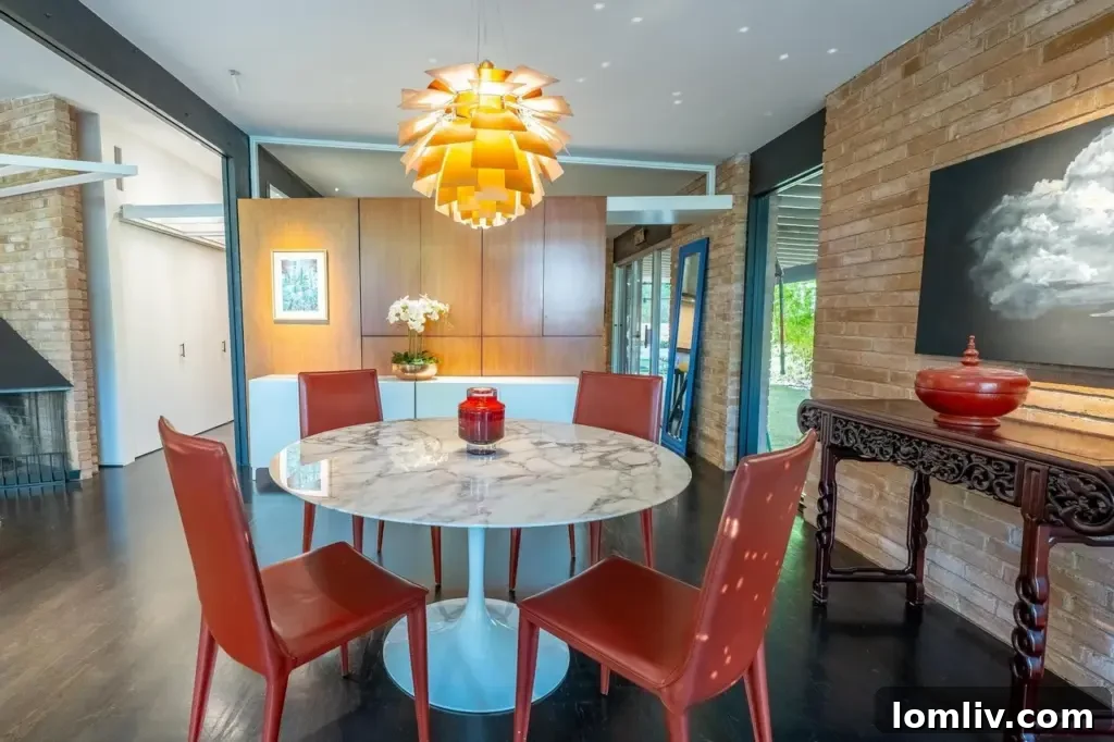 Mid-Century Modern home interior with a view of the courtyard