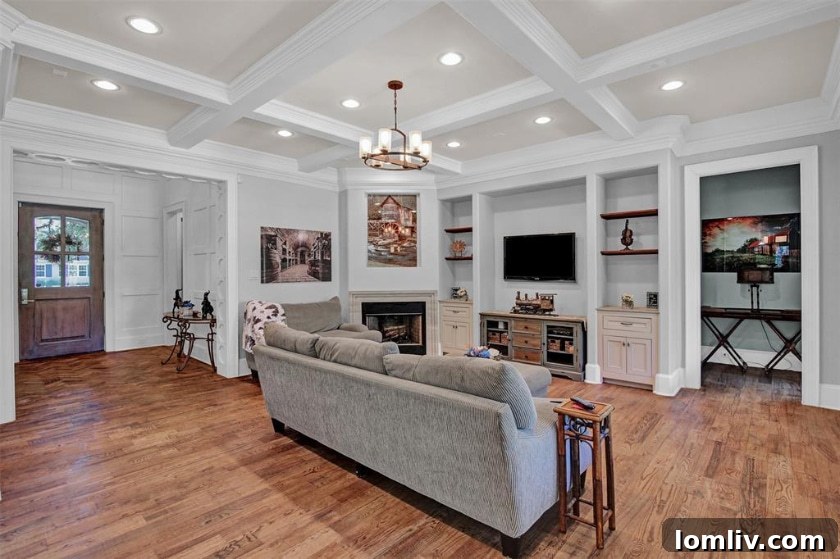Spacious family room with coffered ceiling and natural light