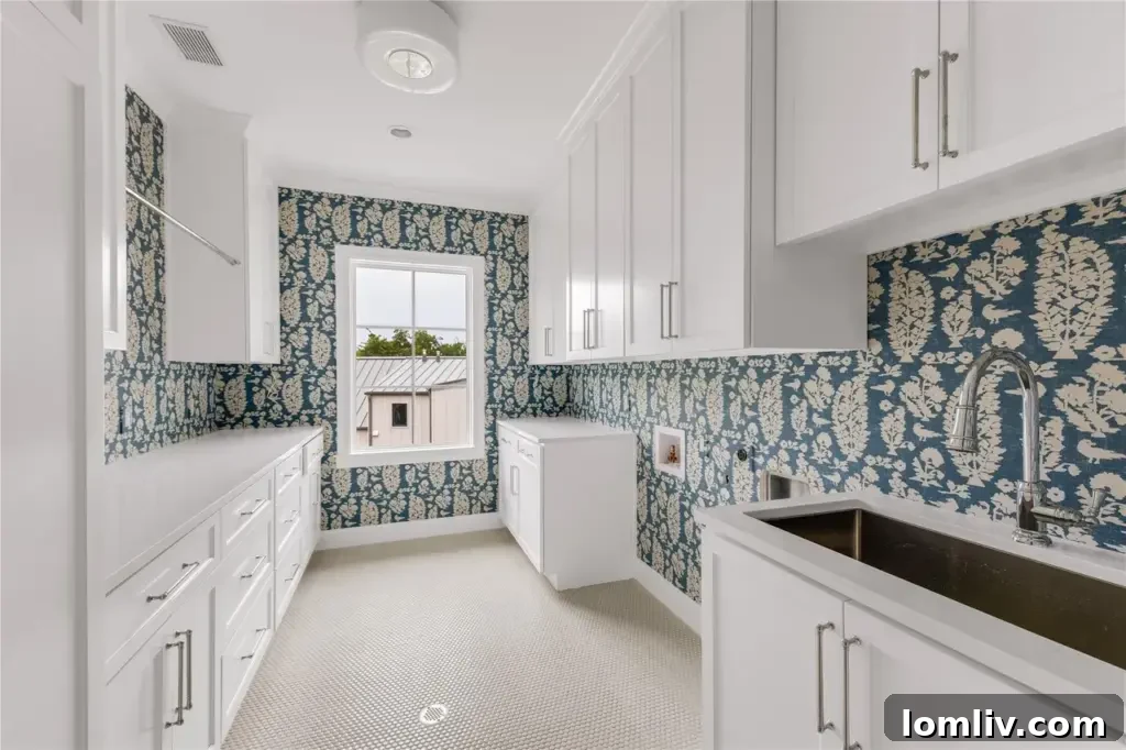 Elegant secondary bathroom with unique tile work and modern fixtures.