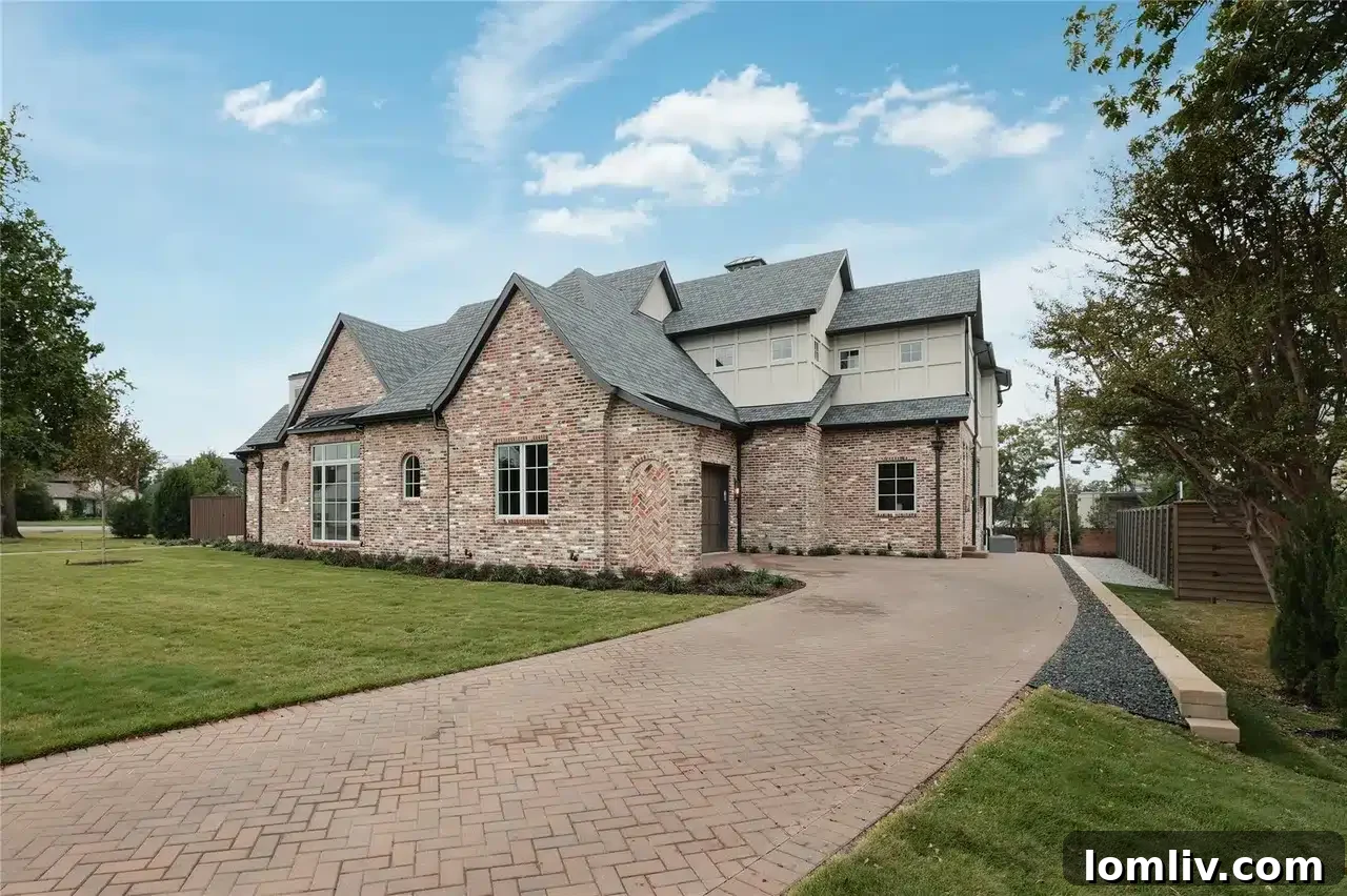 Landscaped pathway leading to the front entrance of the Preston Hollow estate.