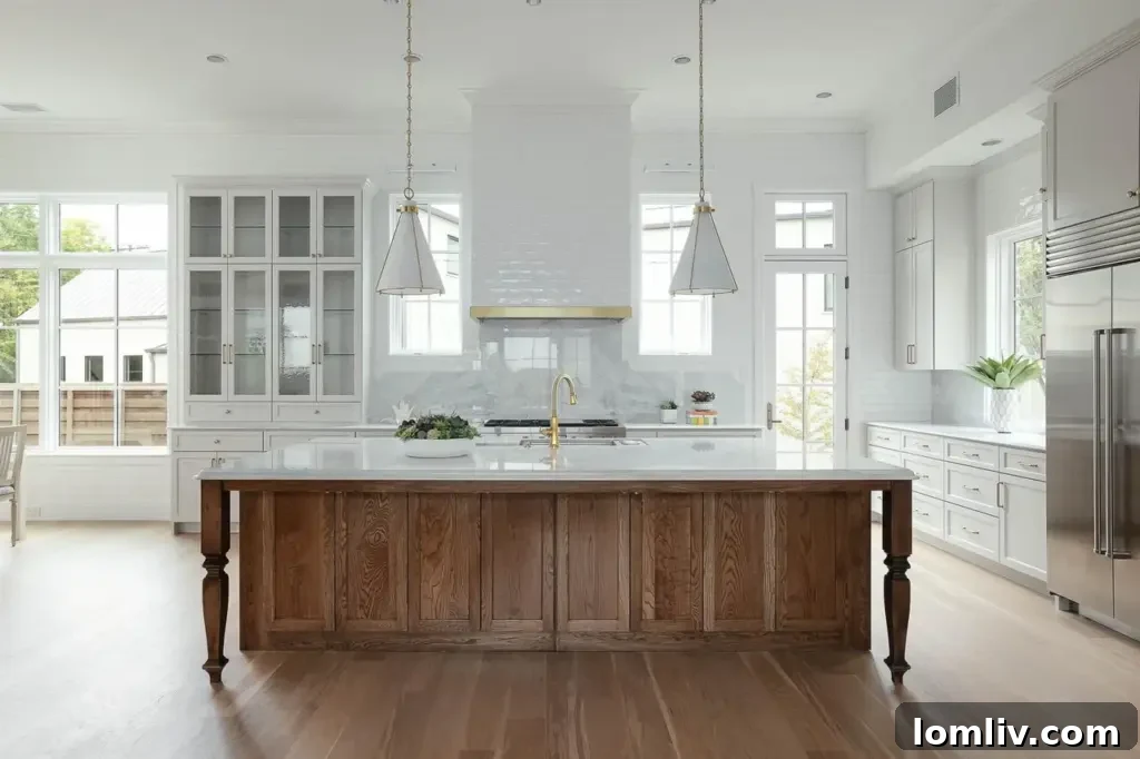 Luxurious kitchen featuring a Ruvati workstation sink and bookmatched marble backsplash.