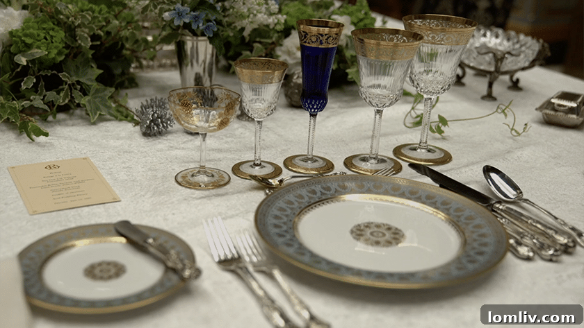 Two images displaying luxurious table settings, one with ornate silver and crystal, and the other showcasing elegant chargers and dinnerware.
