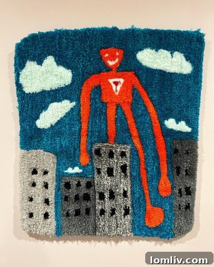 A vibrant, abstract rug featuring geometric shapes in warm hues