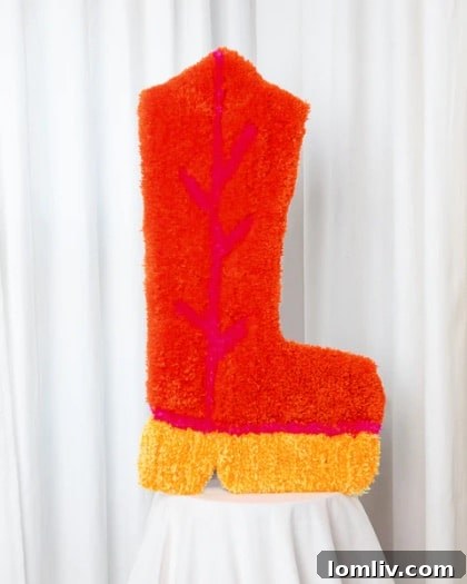 A vibrant orange hand-tufted boot-shaped rug, ideal as a decorative accent