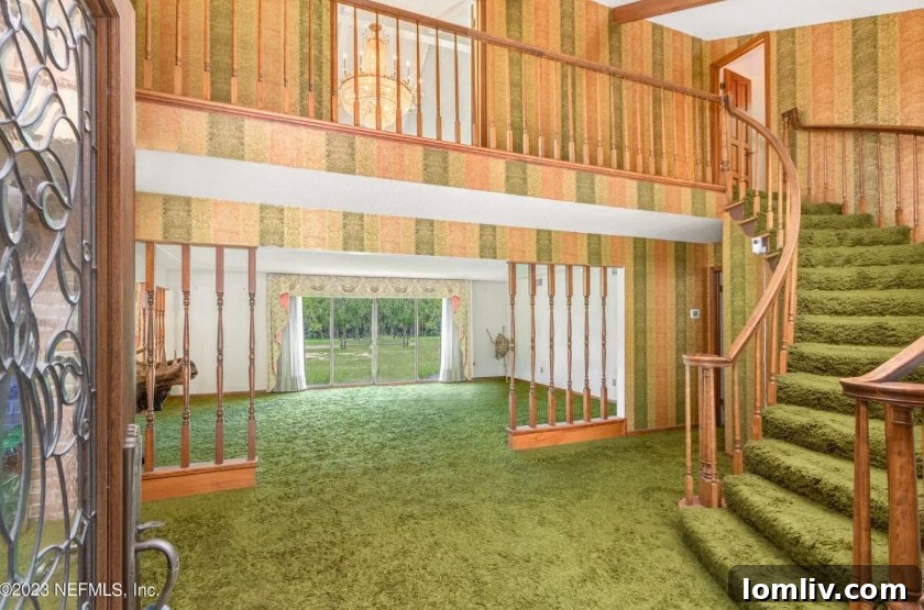 Vintage Midcentury Modern interior with green shag carpet, patterned wallpaper, and classic furniture