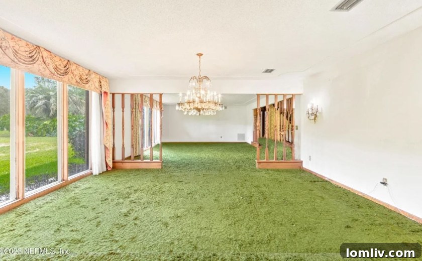 Exterior view of the Midcentury Modern house showing well-maintained green lawn and architecture
