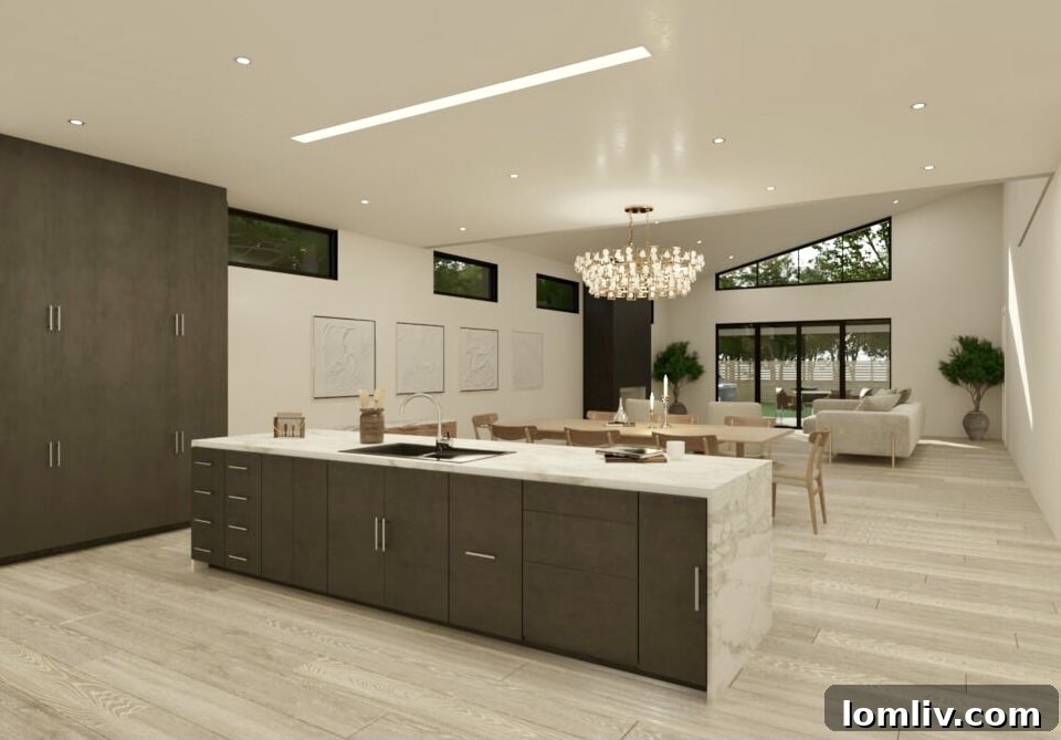 Open concept living area with vaulted ceilings and natural light