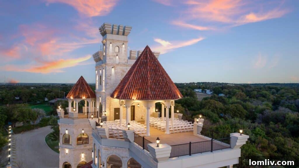 Lake Whitney's Parsons Castle A $5.5 Million Fairytale Ready for Its Next Chapter 11 An impressive aerial perspective of Parsons Castle, highlighting its extensive grounds and privileged lakeside position on Lake Whitney.