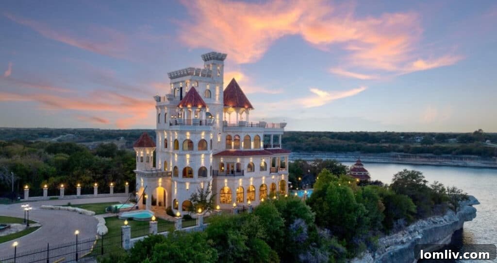 Lake Whitney's Parsons Castle A $5.5 Million Fairytale Ready for Its Next Chapter 4 The grand living area inside Parsons Castle, featuring elegant furnishings and expansive windows offering natural light.