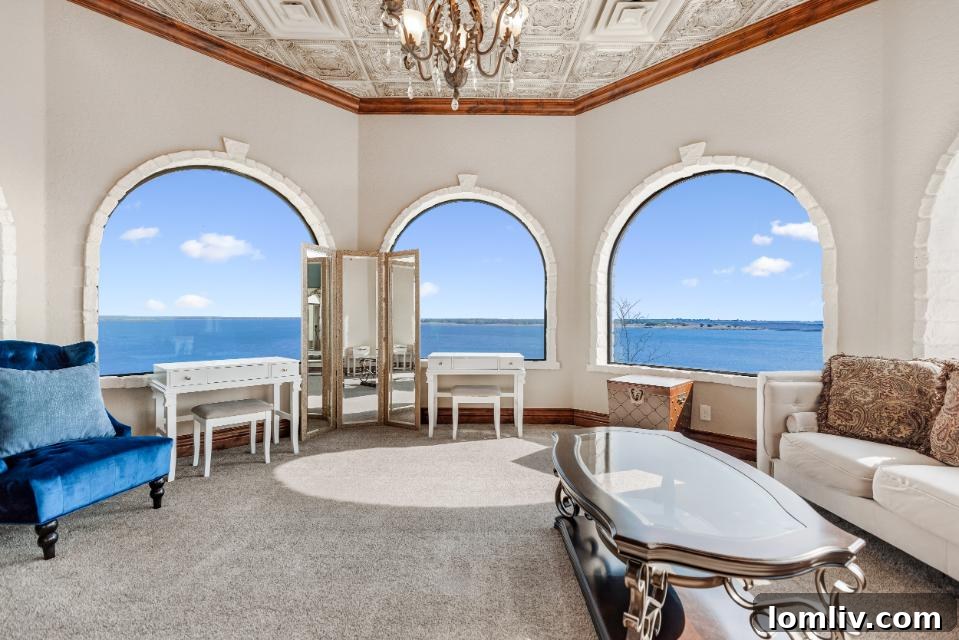 Lake Whitney's Parsons Castle A $5.5 Million Fairytale Ready for Its Next Chapter 5 A majestic spiral staircase and ornate chandelier within Parsons Castle, showcasing the intricate interior design.