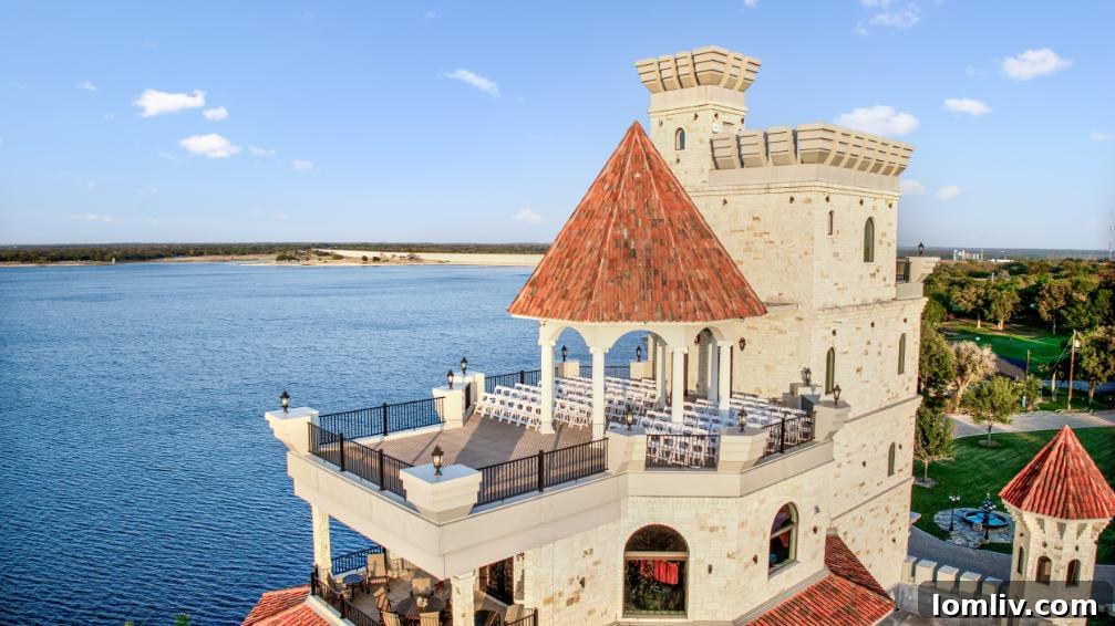 Lake Whitney's Parsons Castle A $5.5 Million Fairytale Ready for Its Next Chapter 8 A spacious and elegant bedroom in Parsons Castle, adorned with luxurious bedding and sophisticated decor.
