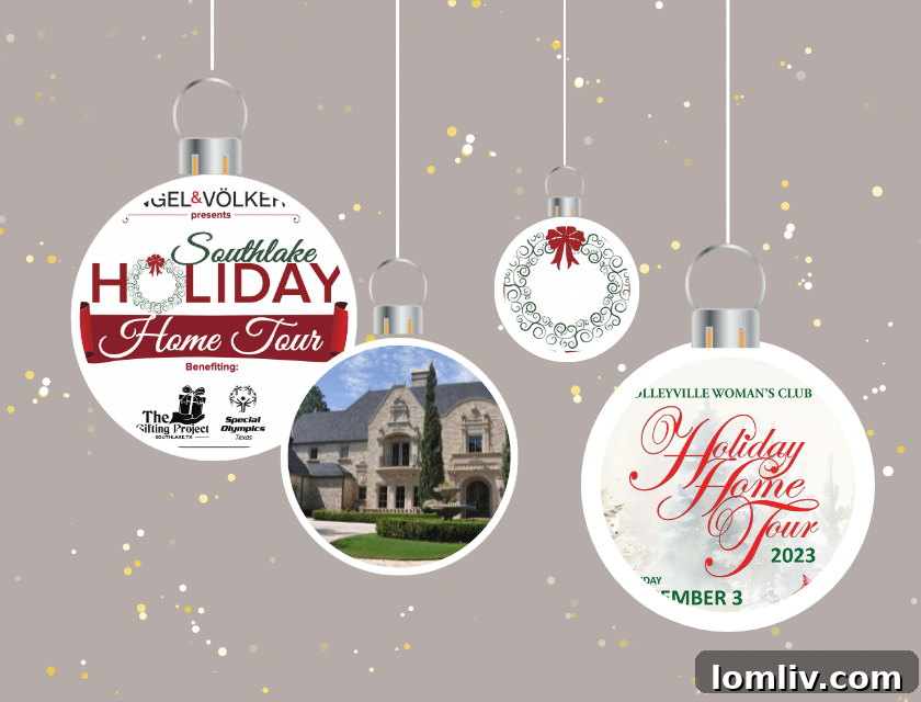 Colleyville Holiday Homes Today, Southlake Tours Next Week 2 Festive Christmas decor with garland and lights adorning a home's exterior, inviting visitors to a holiday home tour.