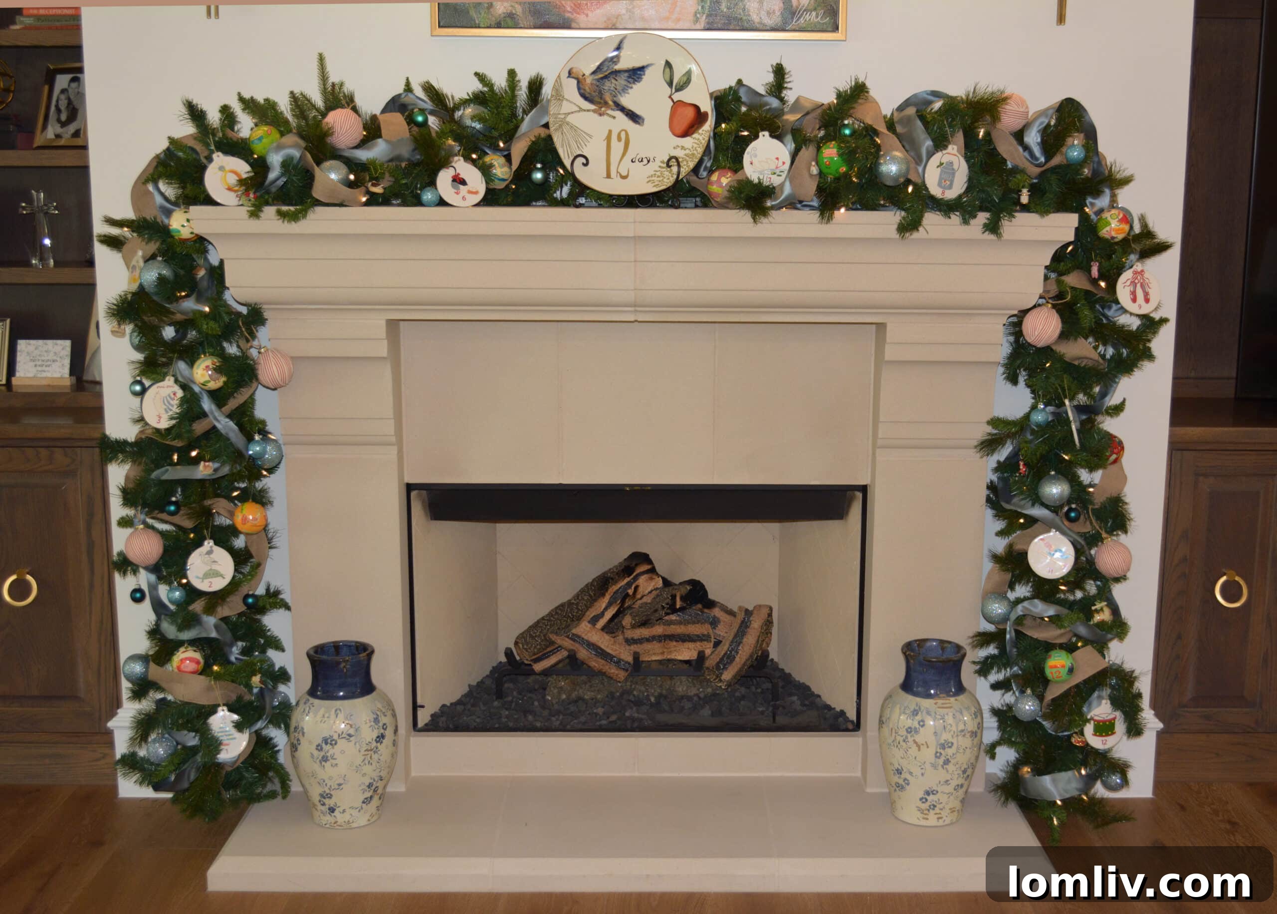 Colleyville Holiday Homes Today, Southlake Tours Next Week 7 A beautifully decorated fireplace mantle adorned with garland, stockings, and festive ornaments, capturing the holiday spirit in detail.