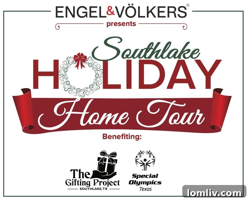 Colleyville Holiday Homes Today, Southlake Tours Next Week 8 A grand entranceway of a luxurious Southlake home decorated with Christmas garlands and lights, ready for the holiday tour.