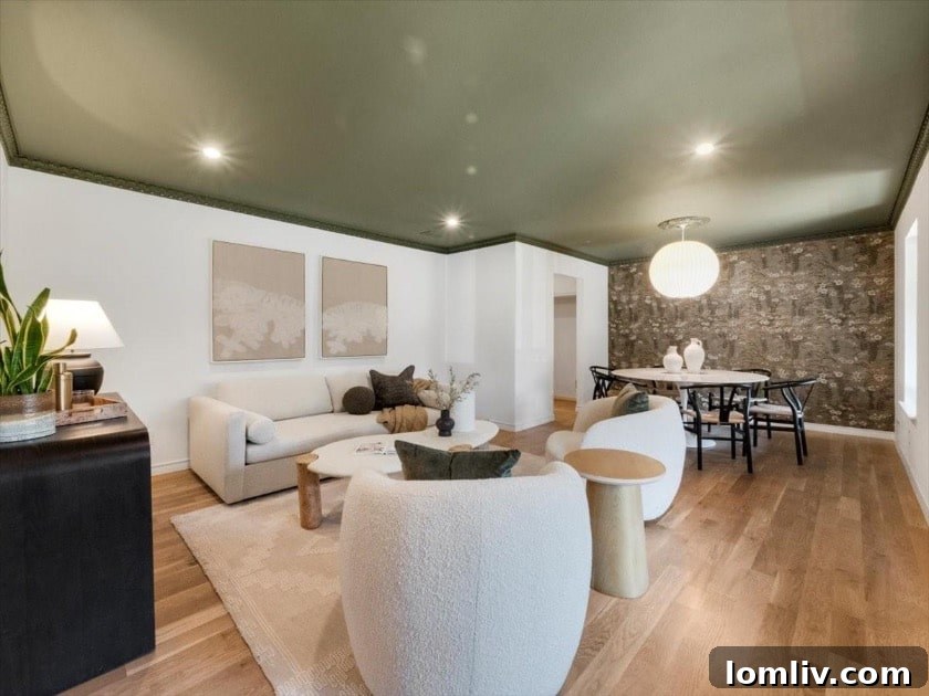East Dallas's Newest Marvel by Sunscout Studio 6 The elegant formal living room featuring a muted green ceiling, crisp white walls, and warm white oak flooring.