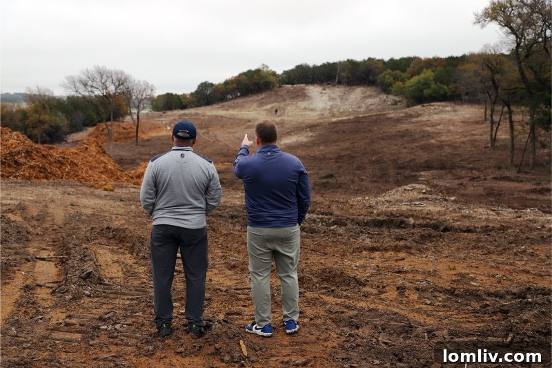 Kelly Ranch Aledo: $100M Golf Course Takes Center Stage in New Upscale Community 4 Tripp Davis and David McDonald discussing sight lines for Hole 1 at Kelly Ranch Golf Club, a future private golf course and community near Fort Worth.