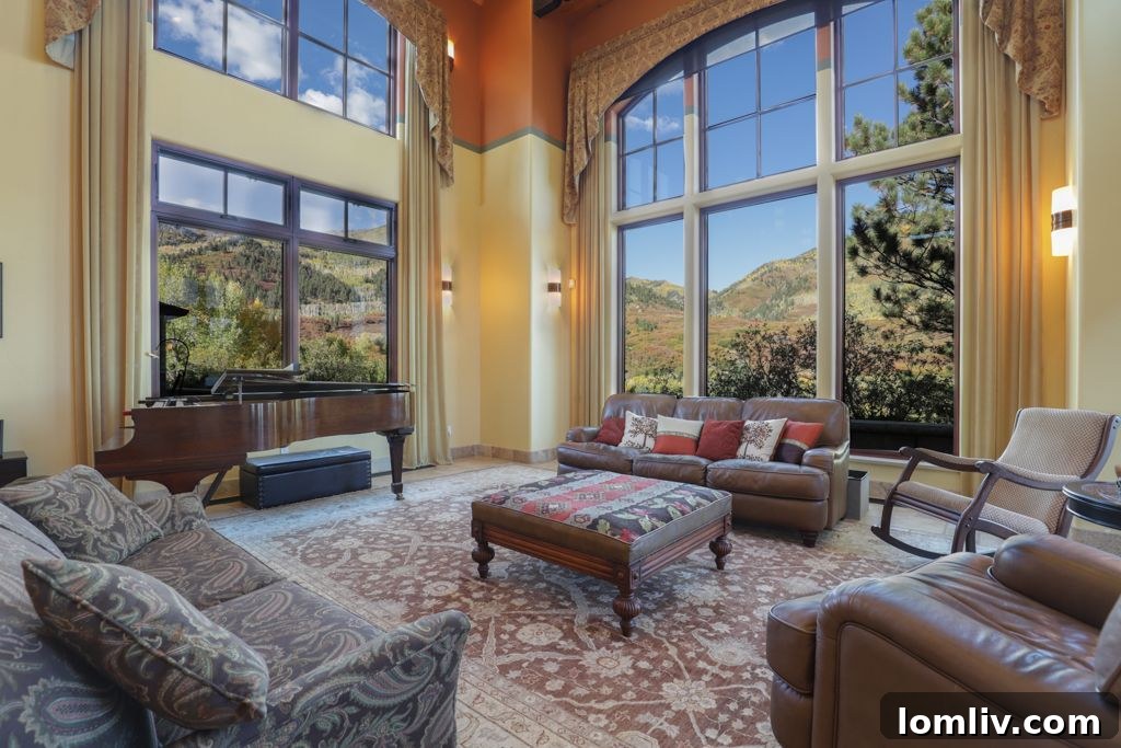 Luxurious living room with fireplace and mountain views at Wildflower Ranch.