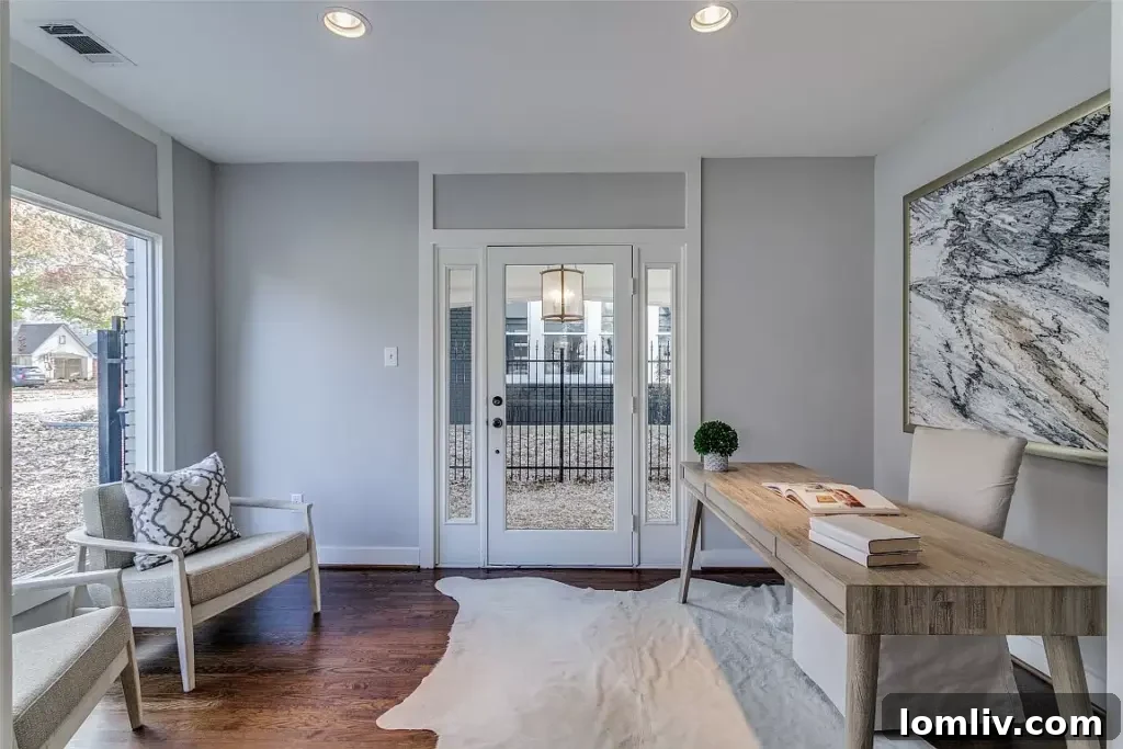 Spacious living room with dark wood floors, a modern fireplace, and ample natural light.