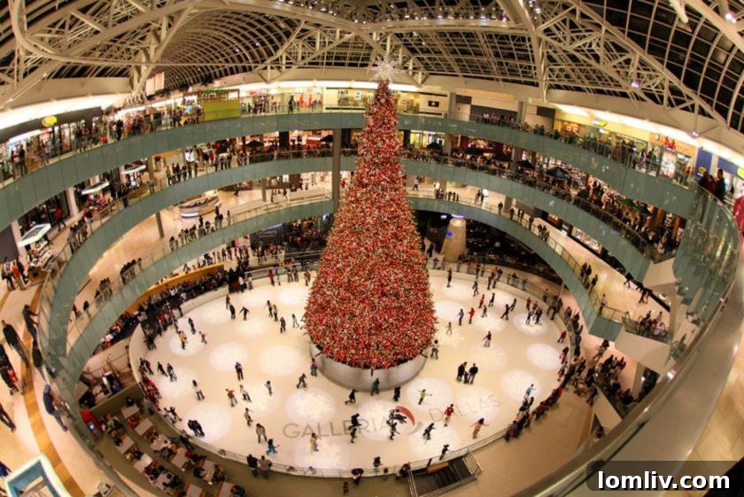 The iconic Tallest Indoor Christmas Tree at Dallas Galleria, a premier North Texas Christmas Light attraction and holiday destination.