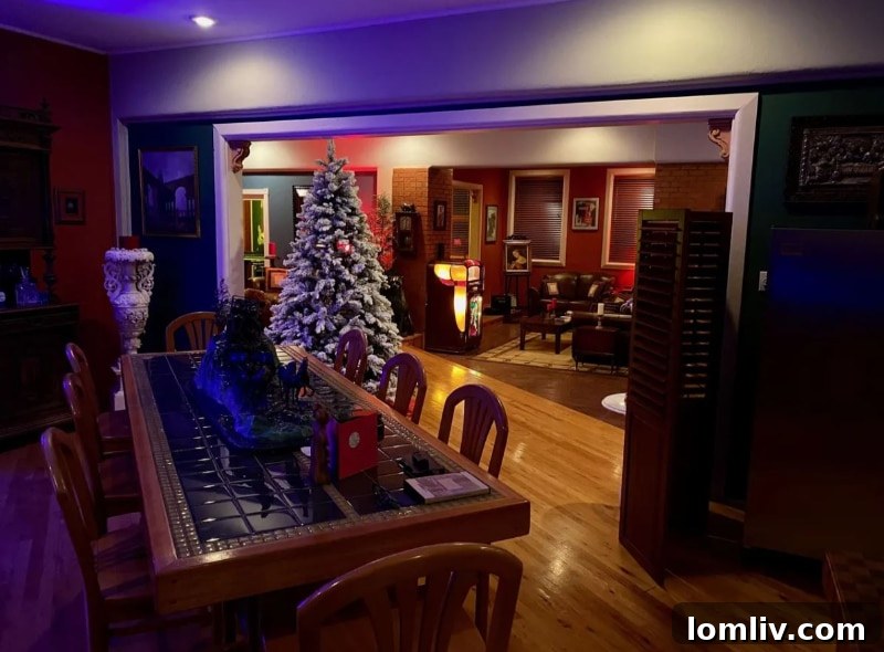 Christmas tree adorned with lights in a gothic setting