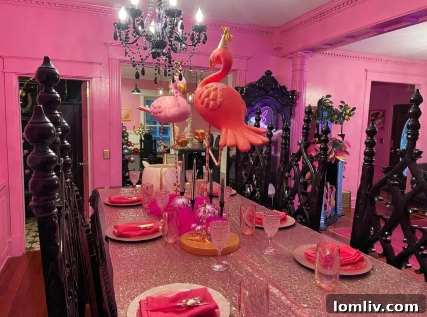 A unique 'Barbie Goth' house in Wisconsin, featuring a striking pepto pink exterior.