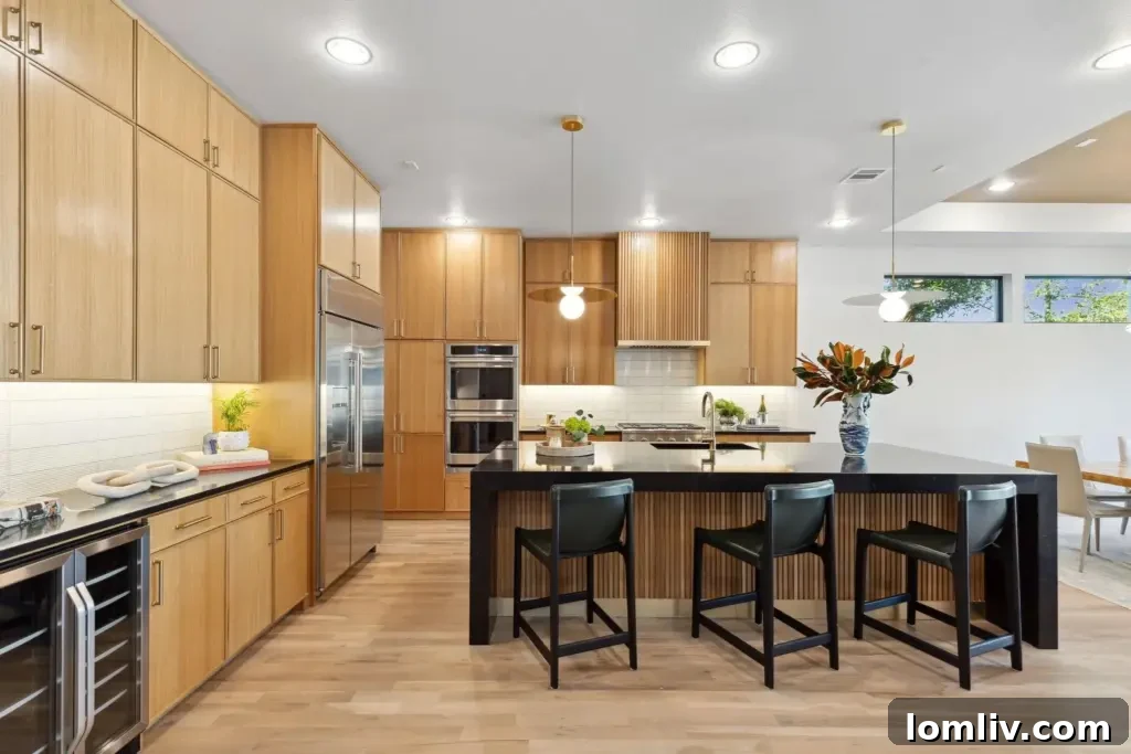 Modern dining area with unique slat tray ceiling feature