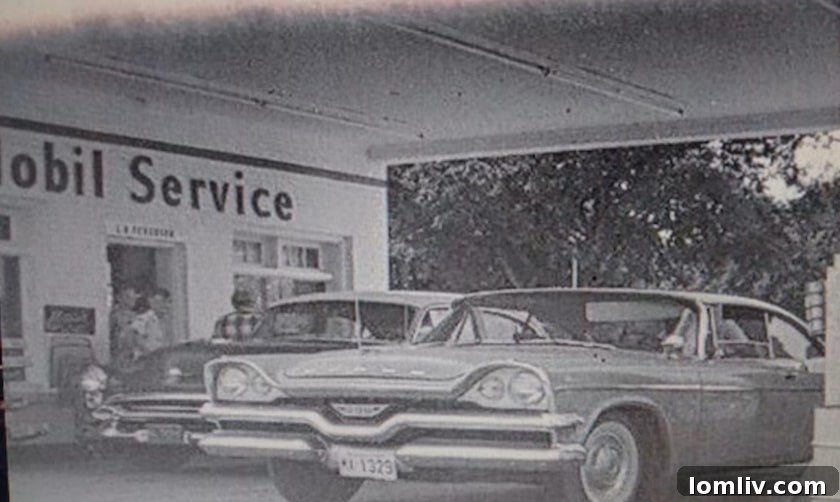 Another historical view of the service station, showing its setting within the neighborhood.