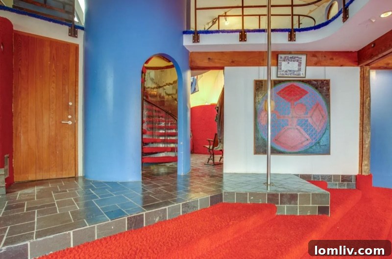 Eclectic interior design with red shag carpet and unconventional features
