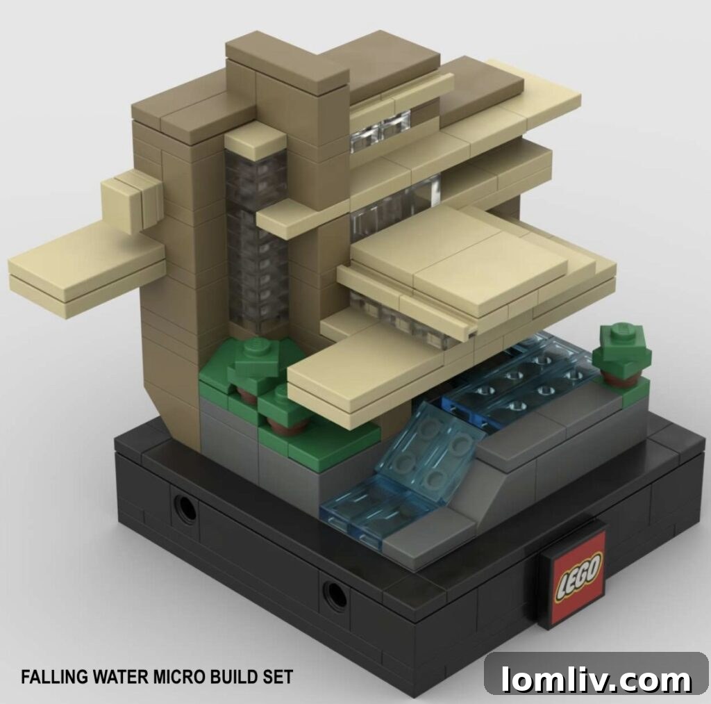 A meticulously constructed LEGO model of Fallingwater, depicting its complex cantilevered design over a waterfall, ready for recreation.