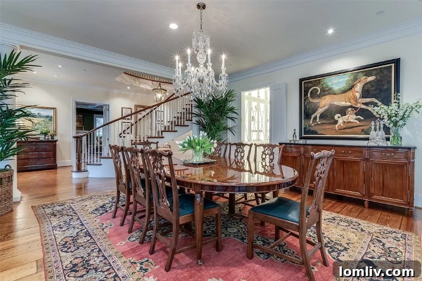 Interior view of a traditional Greek Revival foyer with a floating staircase and elegant finishes.