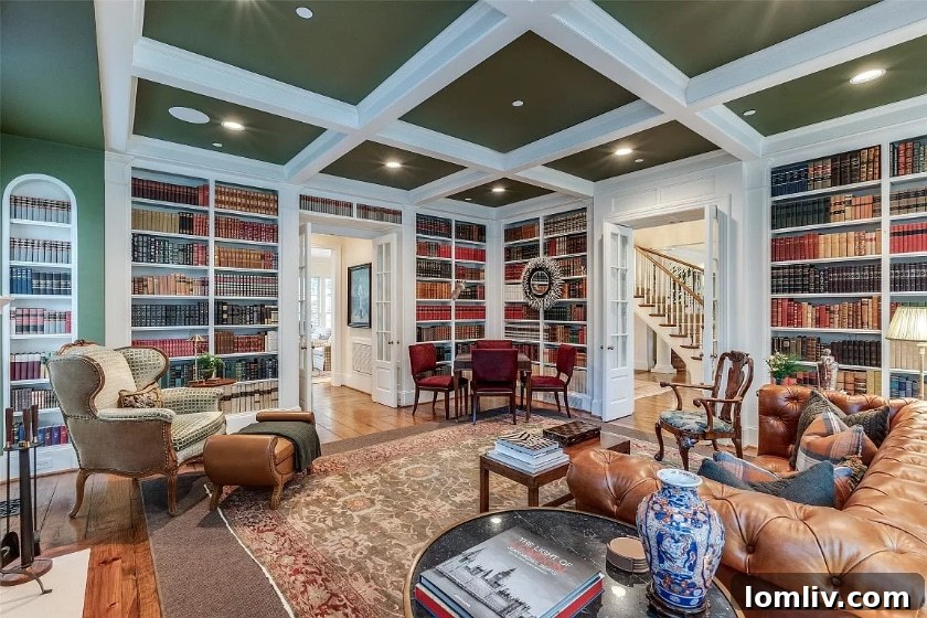 Expansive formal living room in a classic Greek Revival home, featuring large windows and exquisite detailing.