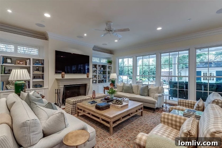 Cozy keeping room with a fireplace, adjacent to a kitchen in a classic Greek Revival home.
