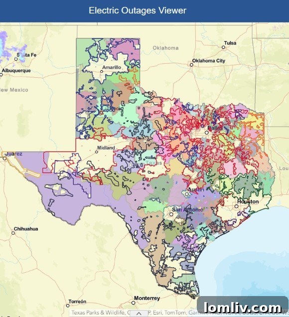 Public Utility Commission outage map, showing service areas.