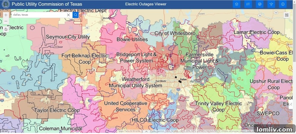 Zoomed-in Public Utility Commission outage map.