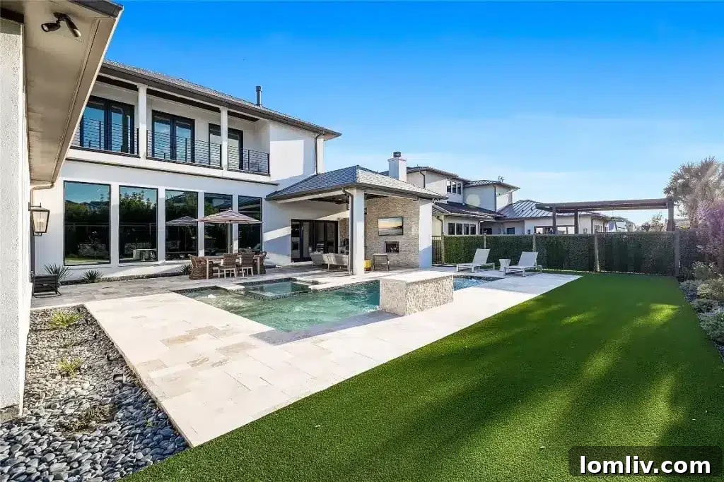 Stunning outdoor living space with a swimming pool, waterfalls, and covered patio with a large TV.