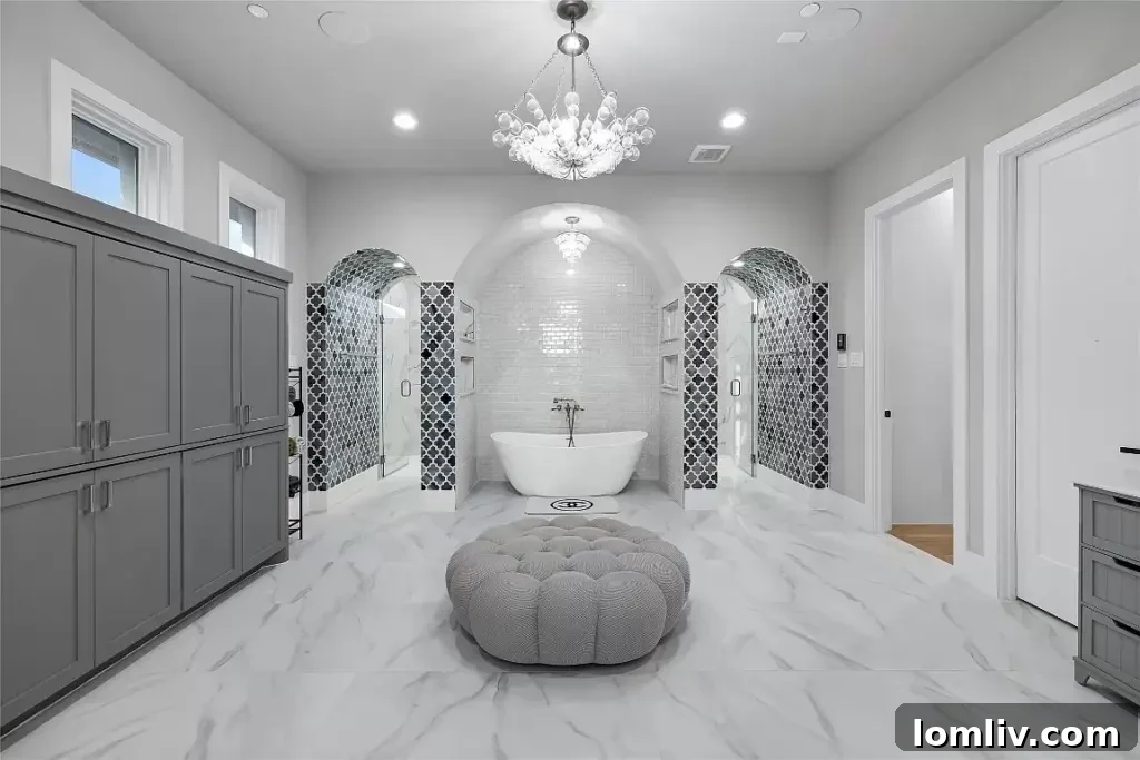 Primary bedroom with luxurious bedding and elegant decor.