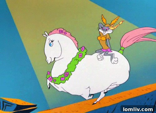Bugs Bunny riding a horse dramatically