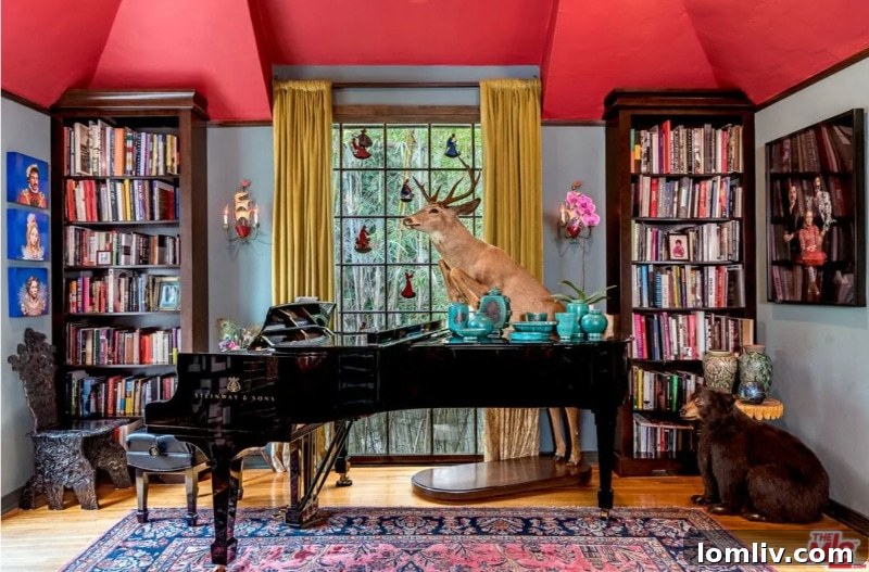 Opera-inspired Los Angeles Home exterior with deer sculpture