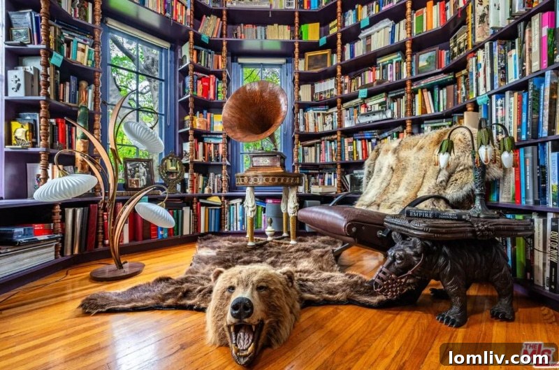 Muzzled bear sculpture end table in an eclectic Los Angeles home