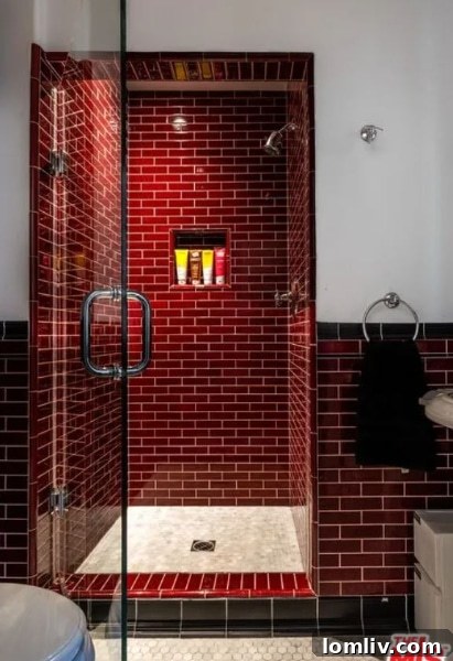 Red tile bathroom with deer sculpture in a unique Los Angeles home