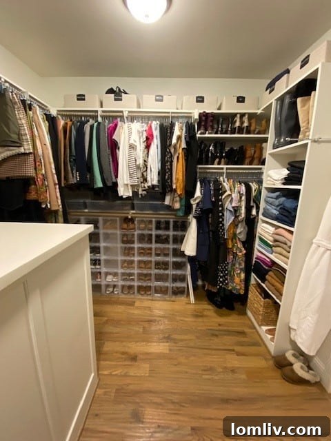 An organized closet with neatly folded clothes, hangers, and storage solutions, representing an 'after' scenario.