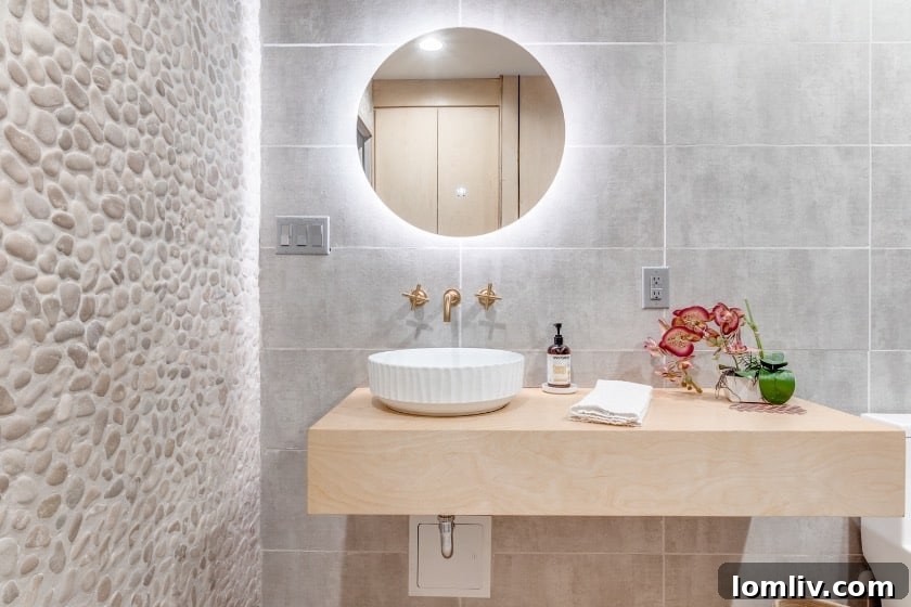The dark and minimalist primary bathroom, featuring a black tub, large format tiles, and a serene, spa-like ambiance.