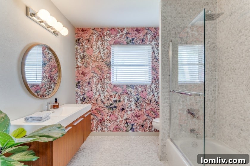 Close-up of the elegant penny tile in the guest bathroom shower, showcasing its subtle color variations and textured appeal.