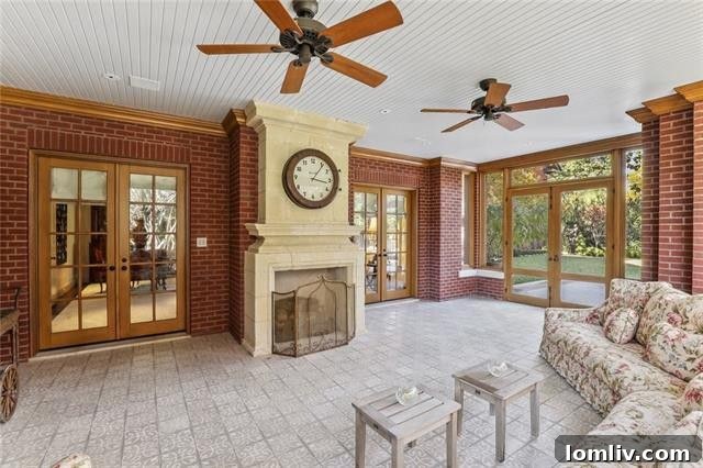 Screened porch with 15th-century fireplace