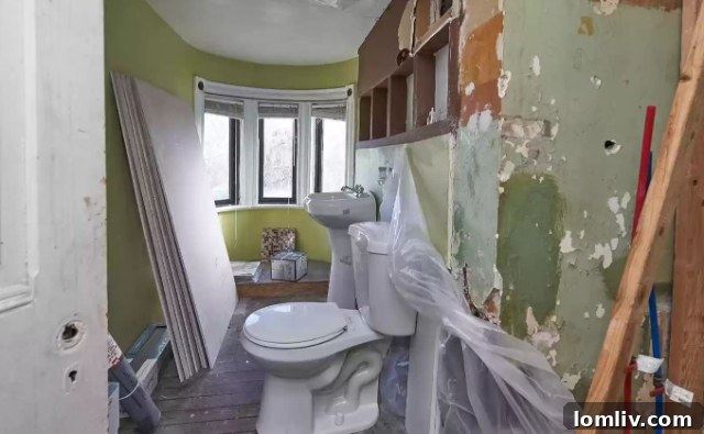 Unique bathroom located within the castle's turret, offering panoramic views